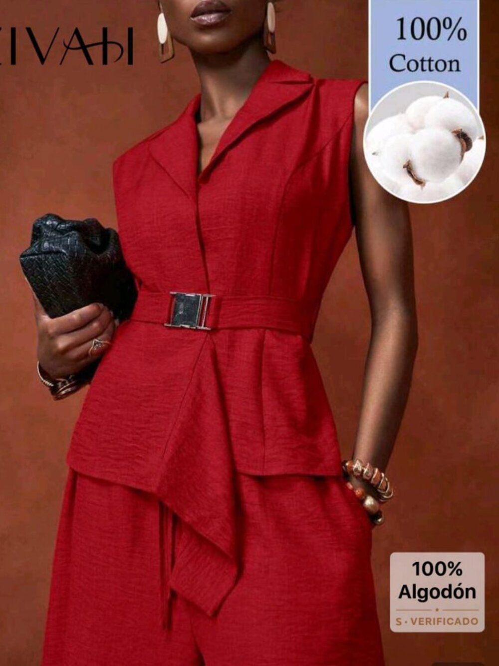 Mahogany-colored women's jacket featuring a belt with a functional metal buckle.